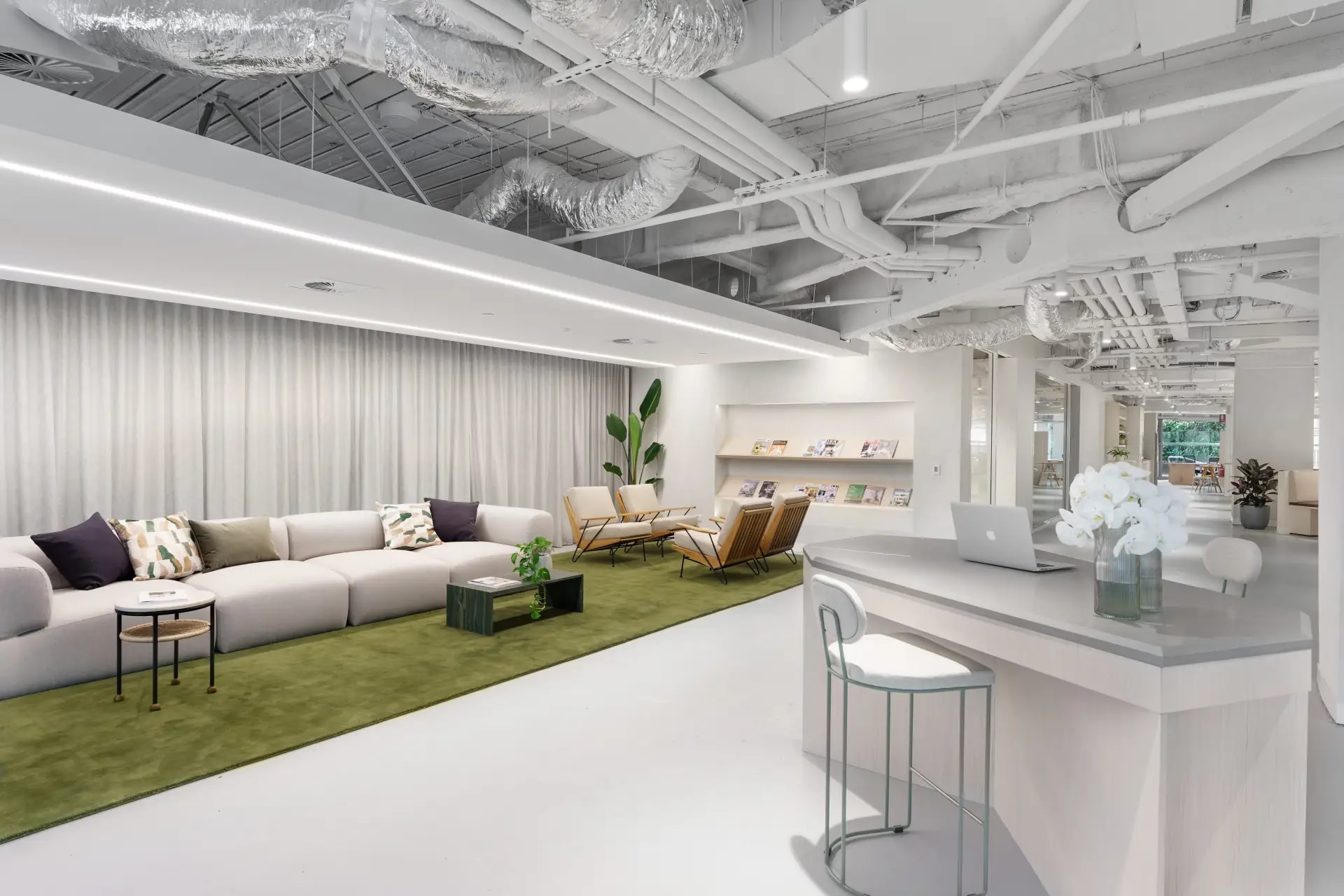 IPG commercial fitout office lounge with green carpet, Sydney